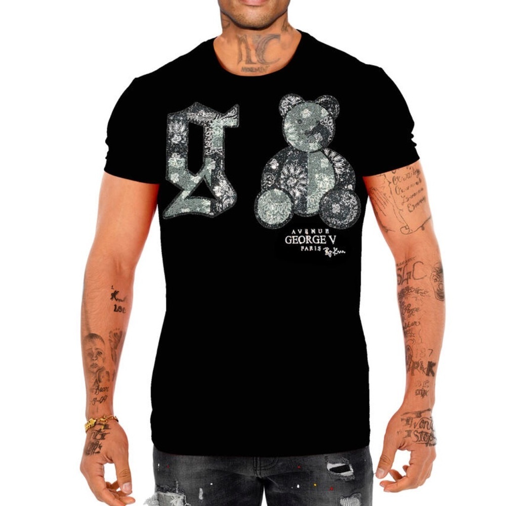 Men’s designer black George V of Paris T-shirt with rhinestones